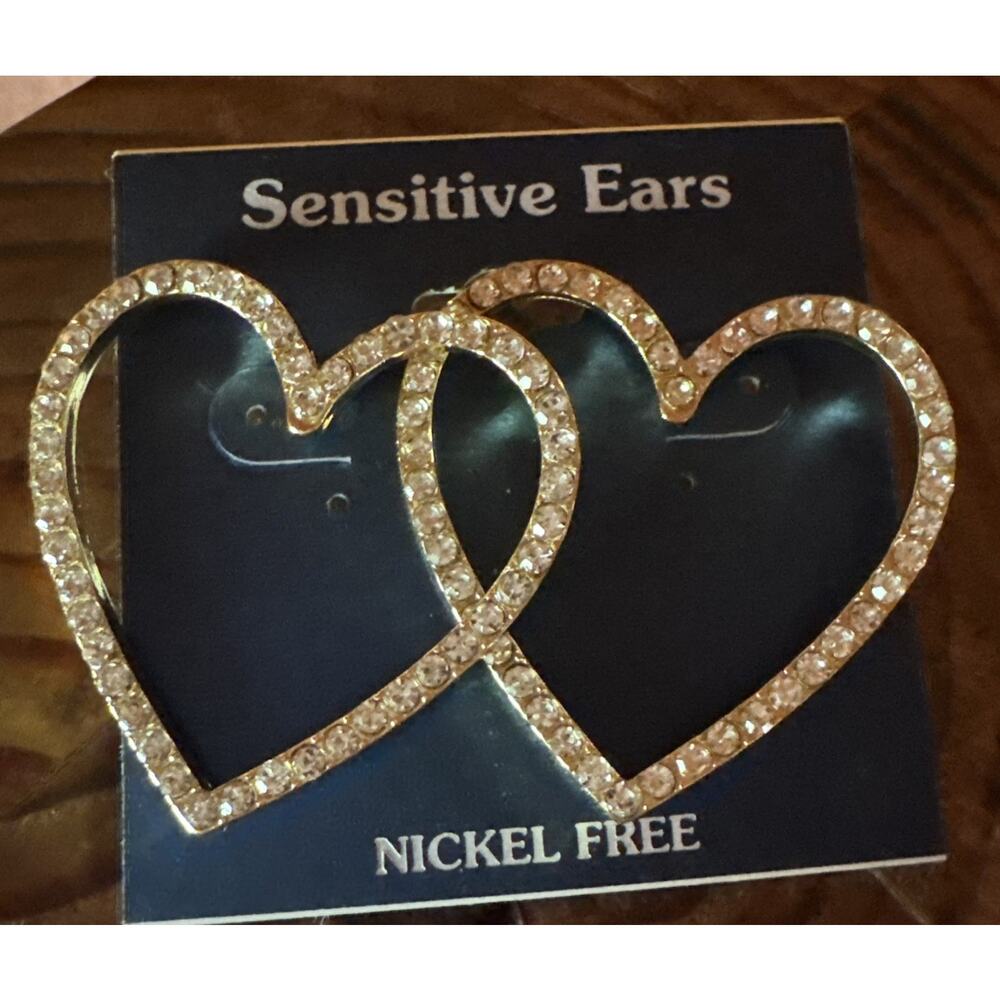 Sensitive Ears Silver Tone Heart Earrings 2 1/2" CZ Stones NEW